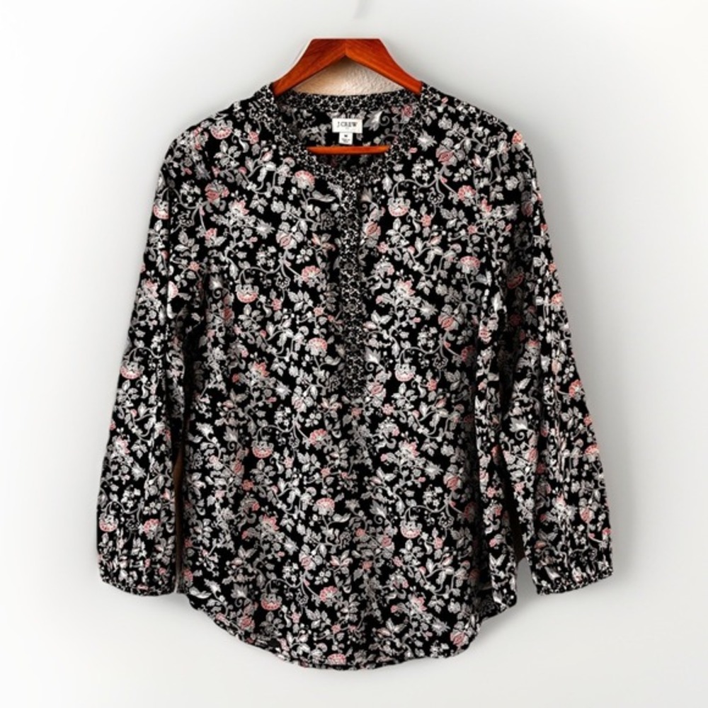 J. Crew Floral Henley Tunic Top Womens Size M‎ Peasant Boho Blouse Preppy